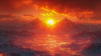 Fiery sunset over snow-covered mountains with a dramatic red and orange sky, ai generated, AI