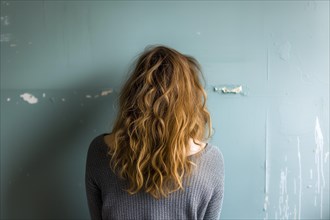 A young woman stands in front of a green wall and you see her from behind, her wavy hair in focus,