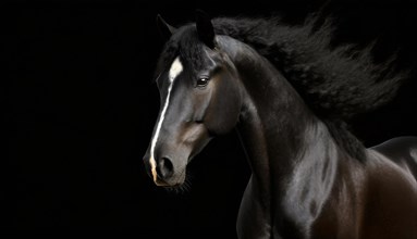 Brown horse with white blaze and long black mane, studio shot in front of black background, AI