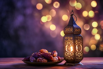 Ramadan lantern to a plate of succulent figs in violet purple tones, set on an ornate table with