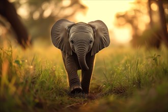 Baby elephant walking majestically against the backdrop of a golden sunset, AI generated