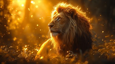 Serene lion in backlight with golden light filtering through foliage, ai generated, AI generated