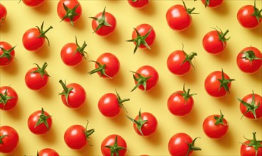 Fresh cherry tomatoes on yellow background, flat lay. Vegetable pattern AI generated