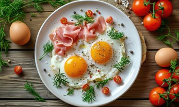 Fried eggs with ham and arugula on a black plate on a dark wooden background AI generated