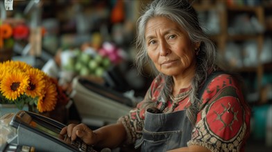 60 year old Mexican lady in her fruit and vegetable store in a market, AI generated