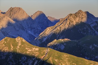 Mountain landscape with alpine hut at morning light, summer, Rotmoosalm, Wetterstein range, Tyrol,