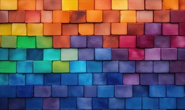 Wall of bricks showing a smooth transition from purple to orange colors, AI generated