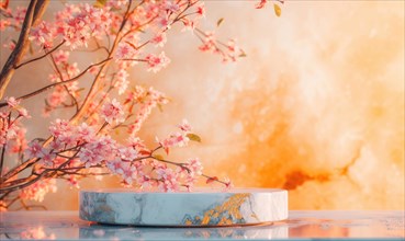 White marble podium with cherry blossom branch on blue background AI generated