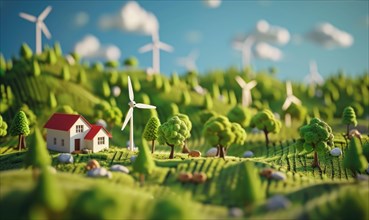 Ecology concept. Miniature model of a house with wind turbines and trees AI generated