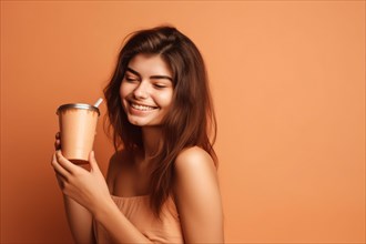 Smiling woman with cup of coffee. KI generiert, generiert AI generated