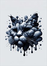 Surreal blue and white 3D art piece resembling a cat with bubble-like textures, AI generated