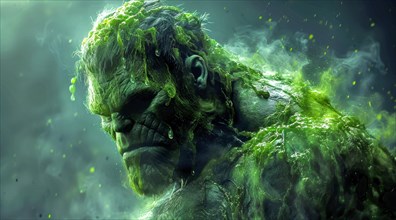 Vibrant image of Hulk with steam rising around him, looking enraged, AI generated