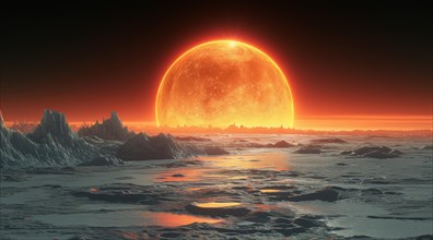 Twilight on an icy planet with a massive sun hovering over the horizon in a science fiction