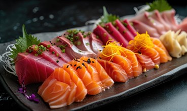 Raw fresh salmon sashimi served on black plate, Japanese food style AI generated
