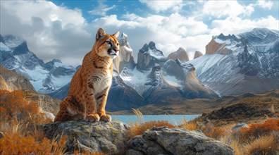 Puma sitting on a rocky ledge overlooking a sprawling mountainous landscape, ai generated, AI