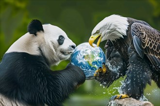 Dynamic scene of a panda and a bald eagle fighting over a globe, symbolising the cultural,