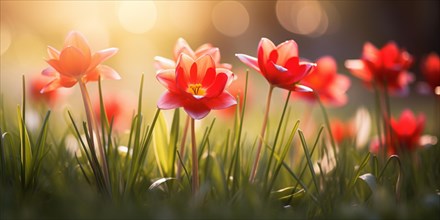 Red tulip spring flowers on meadow with bokeh sun light. KI generiert, generiert AI generated