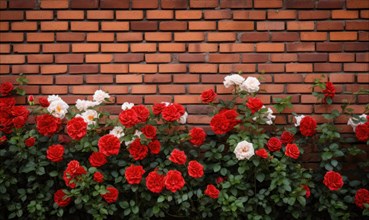 Vibrant red and white roses blooming along a textured brick wall with green foliage AI generated