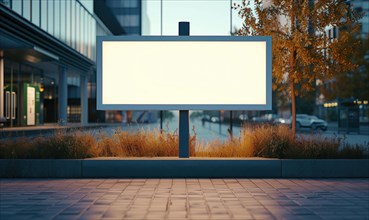 Blank street billboard on city street. Mockup of horizontal advertising stand in the street AI