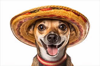 Cute dog with large sombrero hat on white background. KI generiert, generiert AI generated