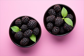 Top vie wof blackberry fruits in bowls on pink background. KI generiert, generiert AI generated