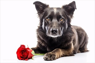 Dog with single red rose on white background. KI generiert, generiert AI generated
