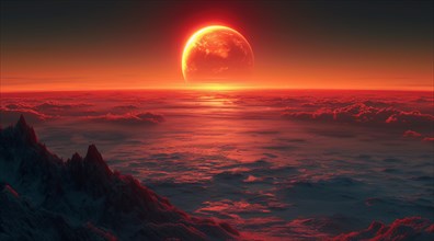 Full moon rising over a cloud-filled landscape at sunset with reddish hues, AI generated