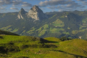 View from Fronalpstock to the Little and Great Mythen, Schyz Alps, Canton Schwyz, Switzerland,