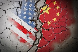 Torn flags of USA and China as a symbol of geopolitical tensions, AI generated, AI generated