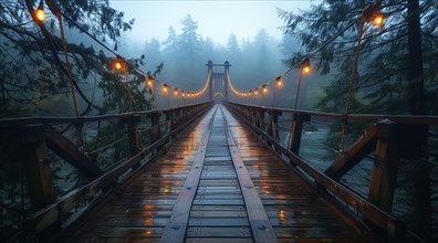 Wet wooden suspension bridge with lights in a foggy forest at dawn, ai generated, AI generated