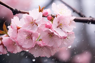 Close up of pink Cherry tree sakura spring flowers in rain. KI generiert, generiert AI generated