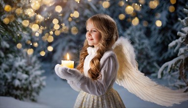 AI generated, girl, angel, winter, snow, ice, firs, snowy, snowflakes, winter landscape, costume,