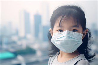 Young Asian woman with medical mask with city covered in smog in background. Air pollution concept.