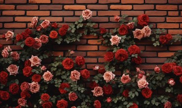 Red roses blooming against a traditional brick wall with greenery interspersed AI generated