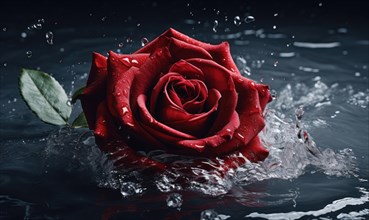 A vibrant red rose surrounded by water splashes, set against a dark background AI generated