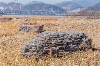Closeup of large boulders used in construction of stone fortress in Yeosu, South Korea, Asia