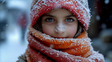 A child's face framed by a snow-dusted orange scarf and cap, looking at the camera with a soft