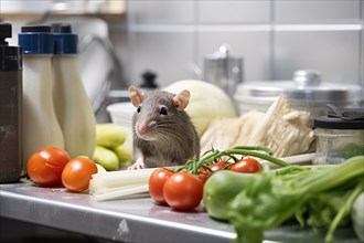 Rat between food in industrial restaurant kitchen. KI generiert, generiert AI generated