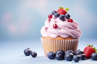 Single cupcake with pink frosting and berry fruits. KI generiert, generiert AI generated