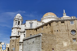 View of the dome and steeples of Cadiz Cathedral, Cathedral of the Holy Cross above the sea, Cadiz,