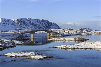 Fredvang bridges in winter, Fredvang, Lofoten, Nordland, Norway, Europe