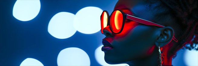 Woman with trendy glasses in profile against a background with blue neon bokeh lights creating a