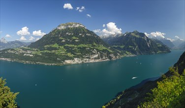 View from Seelisberg over Lake Lucerne to Fronalpstock and Bristenstock, Canton Uri, Switzerland,