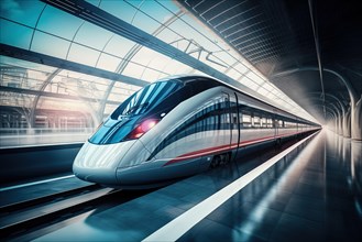 Modern high speed train in a futuristic train station. Modern transportation technology, speed,