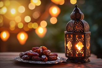 Ramadan lantern to a plate of succulent figs on bokeh background, set on an ornate table with