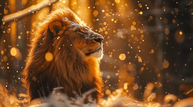 A majestic lion surrounded by golden light with a serene expression, AI generated