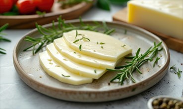 Slices of feta cheese with rosemary and spices on a wooden background AI generated