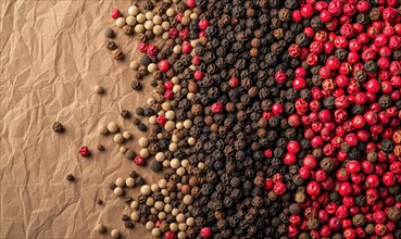 Black, red and white peppercorns on brown paper background AI generated