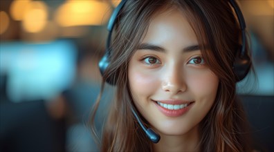 A friendly customer service woman with a headset in an office setting, exuding a professional yet