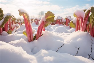 Field with rhubarb plants covered in snow. KI generiert, generiert AI generated